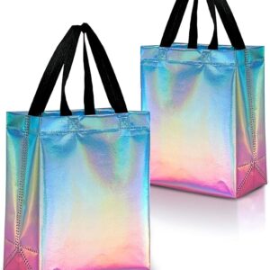 Nush Nush Gradient Bags Medium Size - Set of 12 Aqua to Pink Reusable Bags With Holographic Finish - Perfect For Goodie, Birthday, Party Favors - 8x4x10
