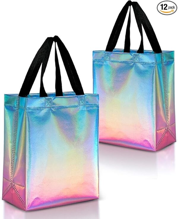 Nush Nush Gradient Bags Medium Size - Set of 12 Aqua to Pink Reusable Bags With Holographic Finish - Perfect For Goodie, Birthday, Party Favors - 8x4x10