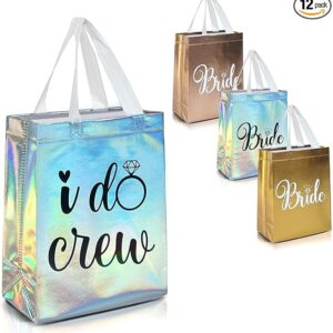 Nush Nush Set of 12 Reusable Iridescent Bridesmaids Gift Bags - With 3 x Bride and 9 x I Do Crew Party Favor Bags - Wedding Favors, Bachelorette Party, Bridesmaid Gifts, Bridal Shower - 8" x 4" x10"