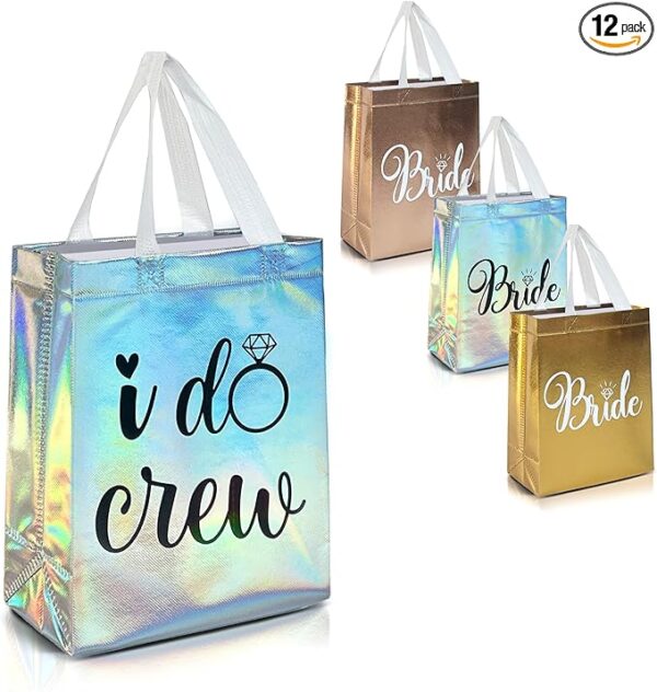 Nush Nush Set of 12 Reusable Iridescent Bridesmaids Gift Bags - With 3 x Bride and 9 x I Do Crew Party Favor Bags - Wedding Favors, Bachelorette Party, Bridesmaid Gifts, Bridal Shower - 8" x 4" x10"