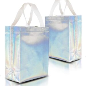 Nush Nush Stunning Iridescent Holographic Gift Bags, Reusable With White Handles, Medium Size, Perfect As Goodie / Birthday Gift Bags, Party Favor Bags, Set of 12, 8Wx4Dx10H Size