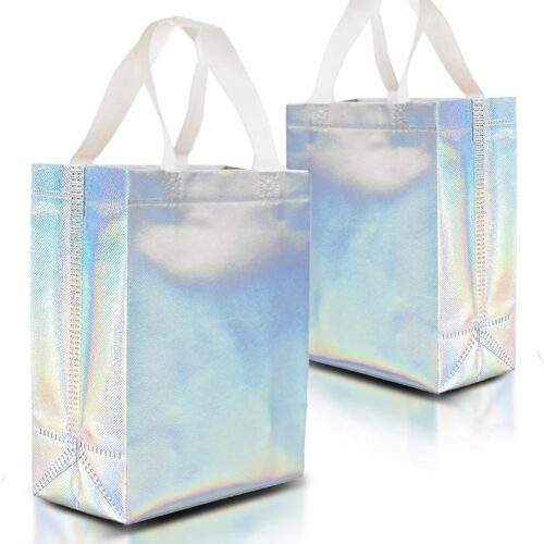 Nush Nush Stunning Iridescent Holographic Gift Bags, Reusable With White Handles, Medium Size, Perfect As Goodie / Birthday Gift Bags, Party Favor Bags, Set of 12, 8Wx4Dx10H Size